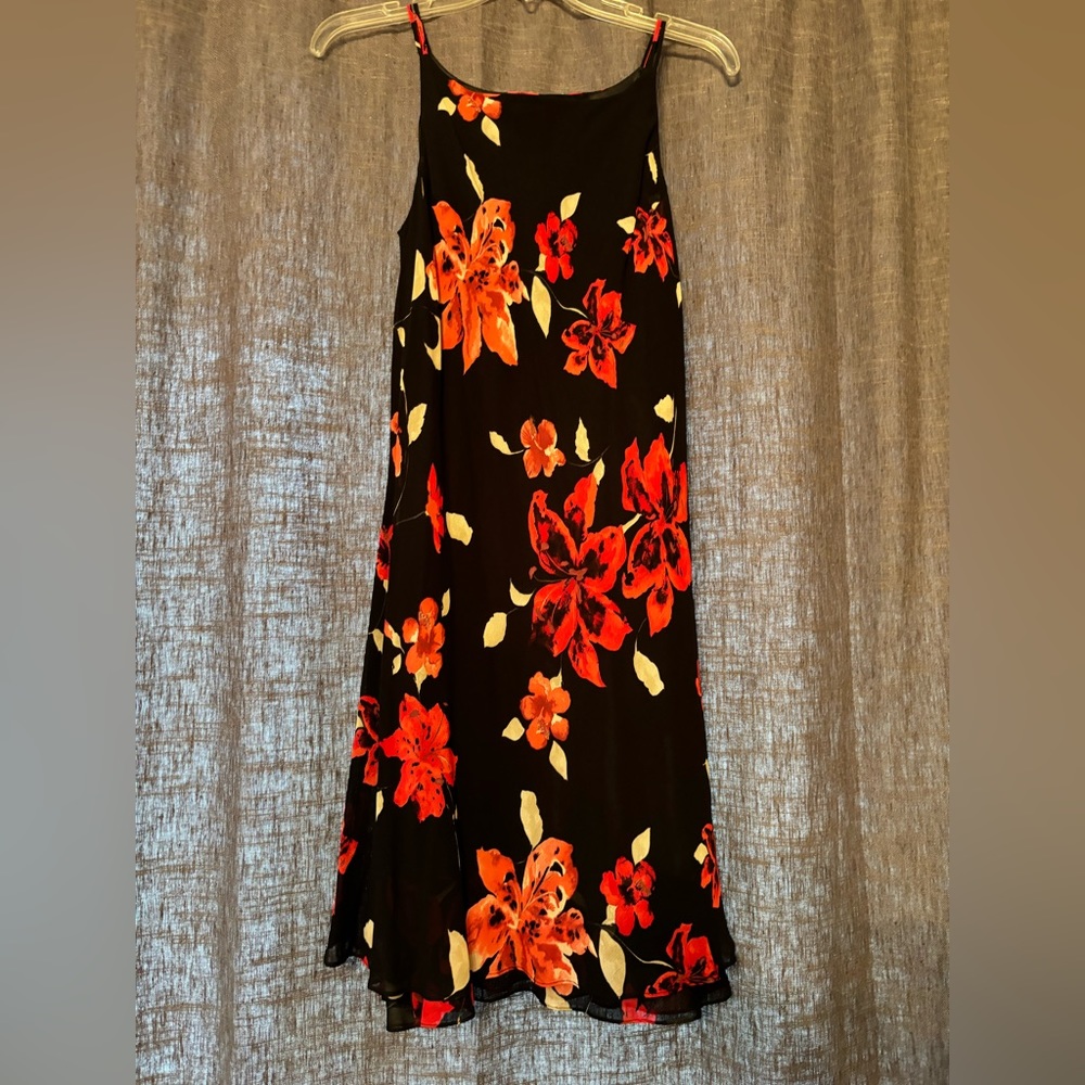 Red and black floral dress